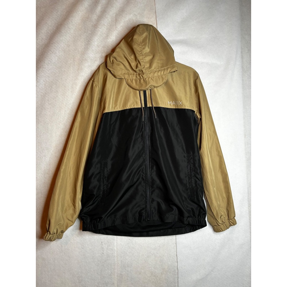 Matix Mens Hooded Windbreaker Jacket Tan‎ Black Colorblock Full Zip Mesh Lined L